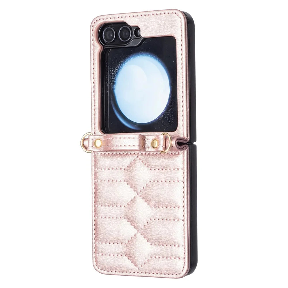 For Samsung Galaxy Z Flip7 FE 5G / Z Flip6 5G / Z Flip5 5G Leather Case V-Shape Grip Back Cover with Shoulder Strap - Rose Gold - 3