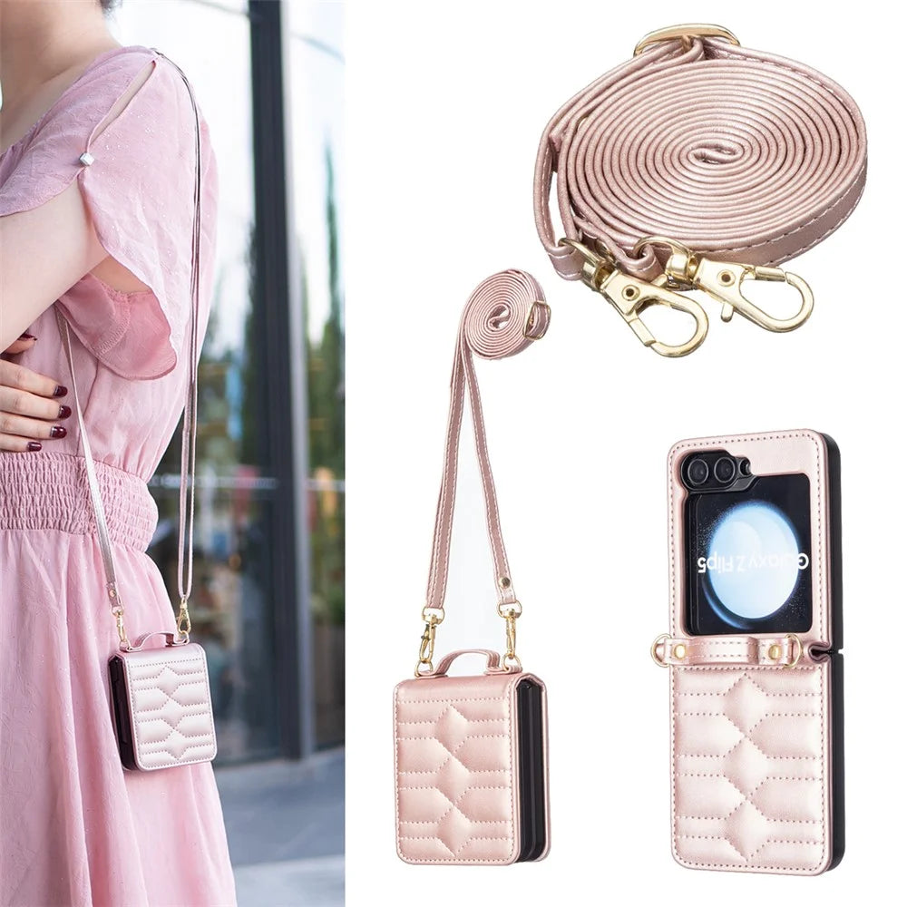 For Samsung Galaxy Z Flip7 FE 5G / Z Flip6 5G / Z Flip5 5G Leather Case V-Shape Grip Back Cover with Shoulder Strap - Rose Gold - 4