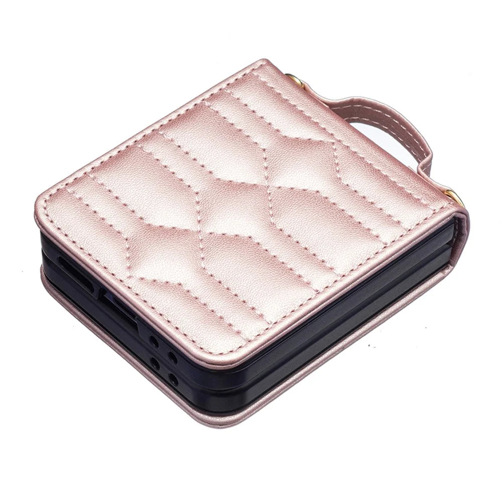 For Samsung Galaxy Z Flip7 FE 5G / Z Flip6 5G / Z Flip5 5G Leather Case V-Shape Grip Back Cover with Shoulder Strap - Rose Gold - 6