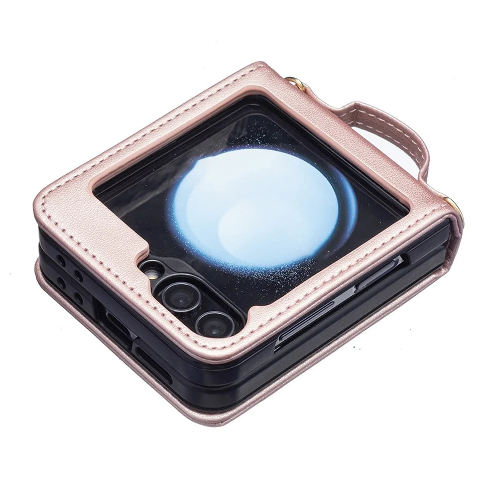 For Samsung Galaxy Z Flip7 FE 5G / Z Flip6 5G / Z Flip5 5G Leather Case V-Shape Grip Back Cover with Shoulder Strap - Rose Gold - 7