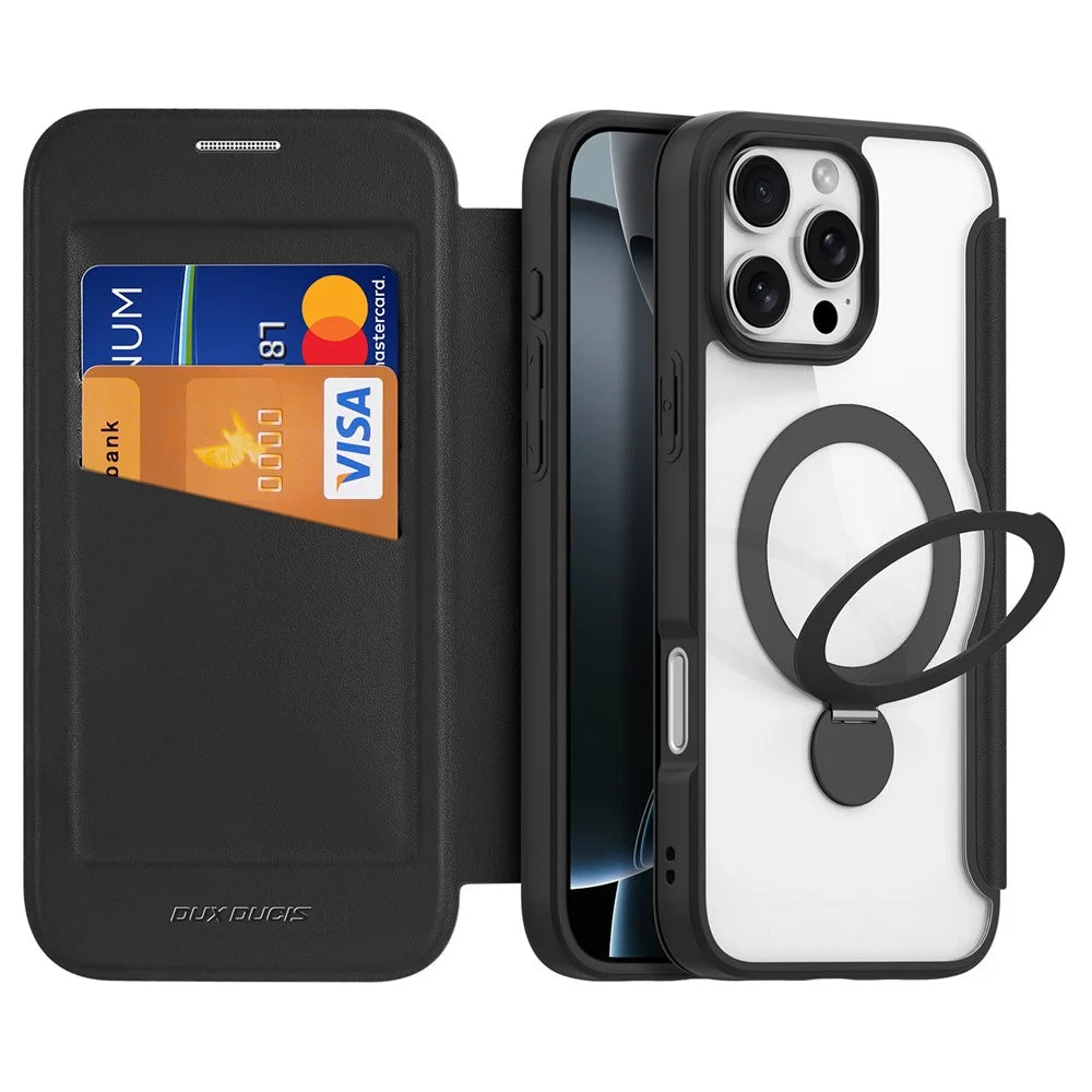 DUX DUCIS Skin X Pro Series for iPhone 16 Pro Max Magnetic Case Kickstand Leather Flip Phone Cover - Black - 3