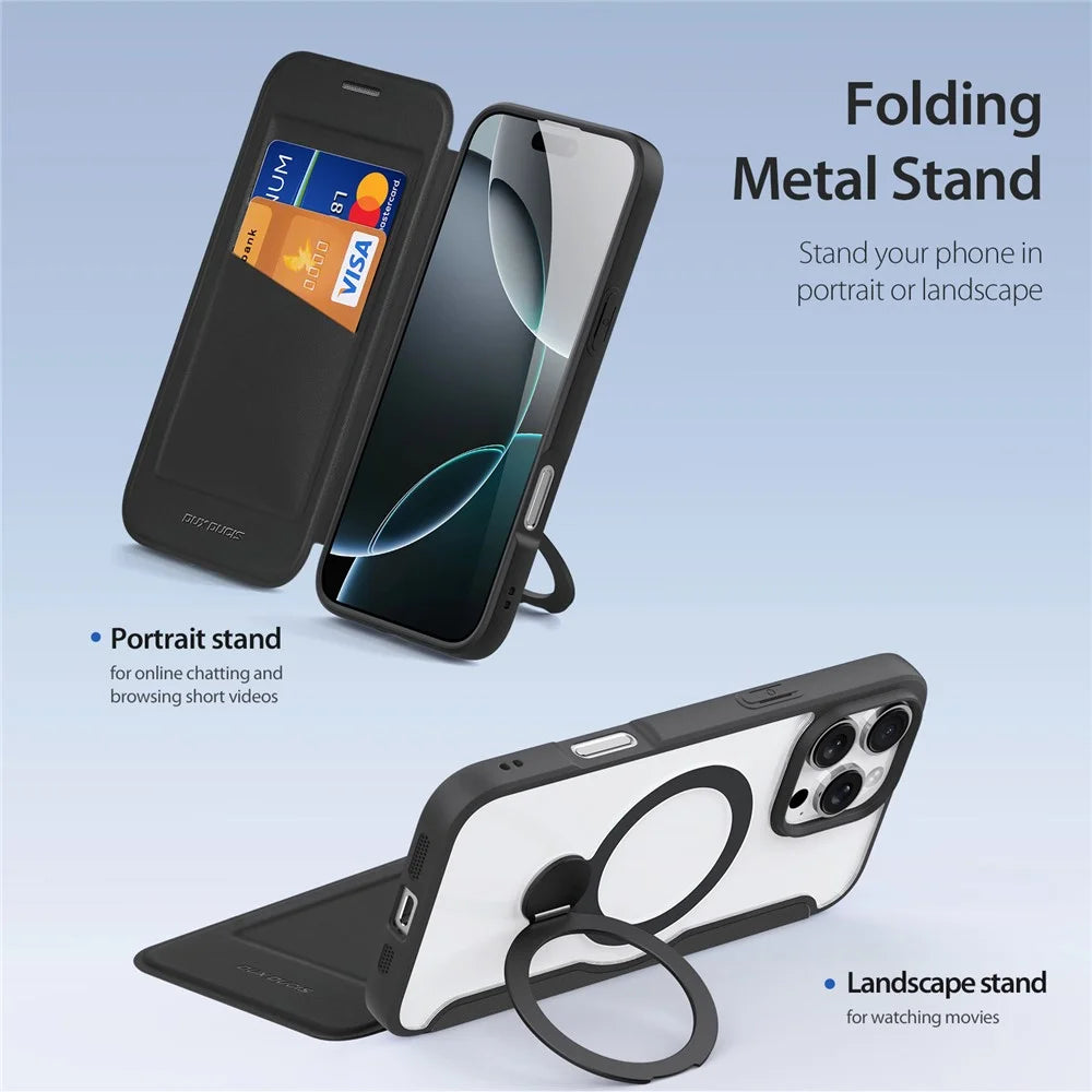 DUX DUCIS Skin X Pro Series for iPhone 16 Pro Max Magnetic Case Kickstand Leather Flip Phone Cover - Black - 7