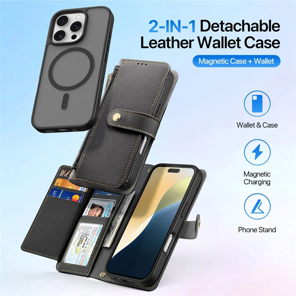 DUX DUCIS Lawa Series for iPhone 16 Pro Max Magnetic Case Cowhide Leather Detachable Phone Cover - Black - 4