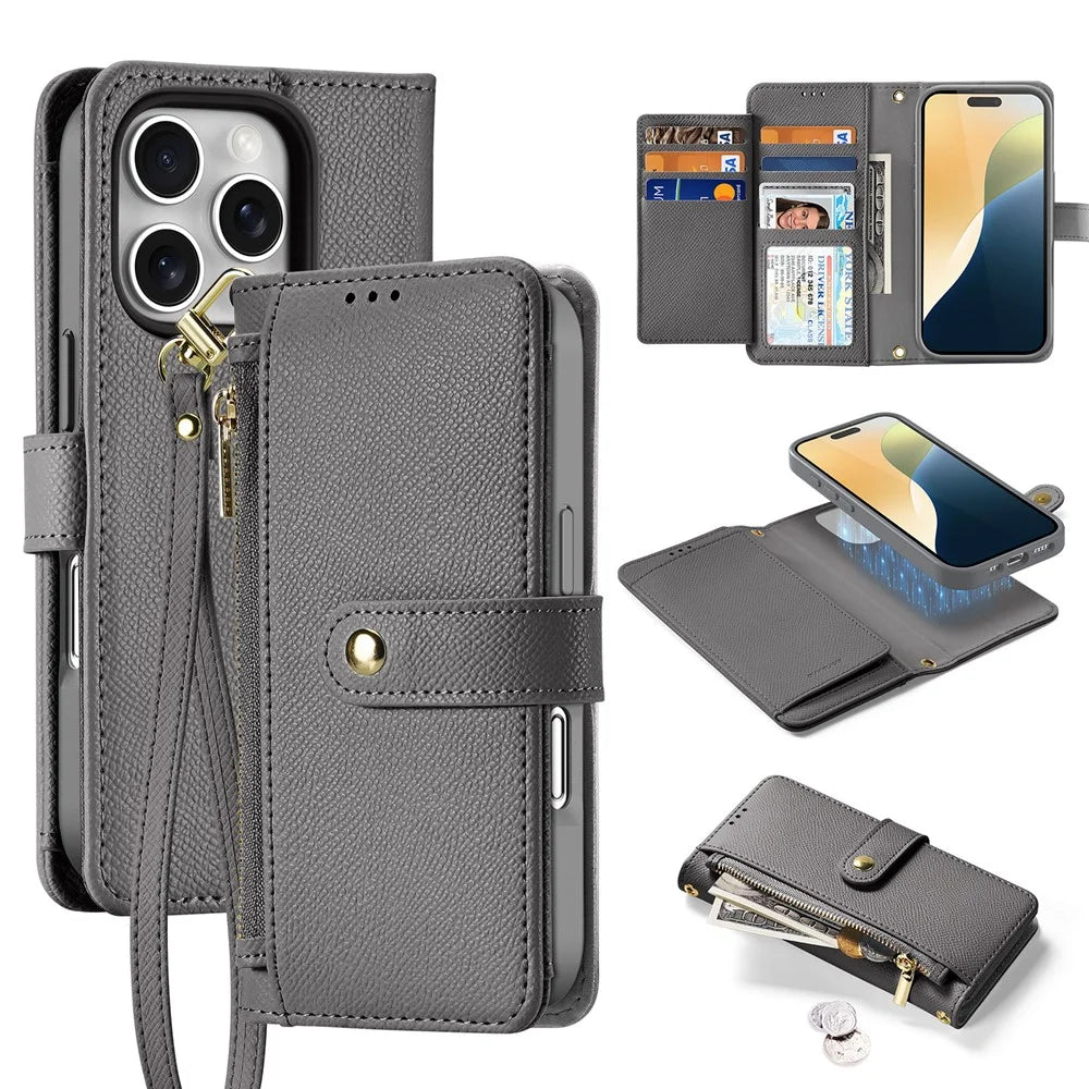 DUX DUCIS Lawa Series for iPhone 16 Pro Magnetic Case Zipper Wallet Detachable Cowhide Leather Cover - Grey - 1