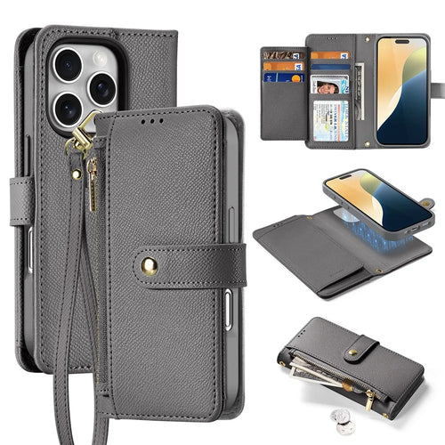 DUX DUCIS Lawa Series for iPhone 16 Pro Magnetic Case Zipper Wallet Detachable Cowhide Leather Cover - Grey - 1