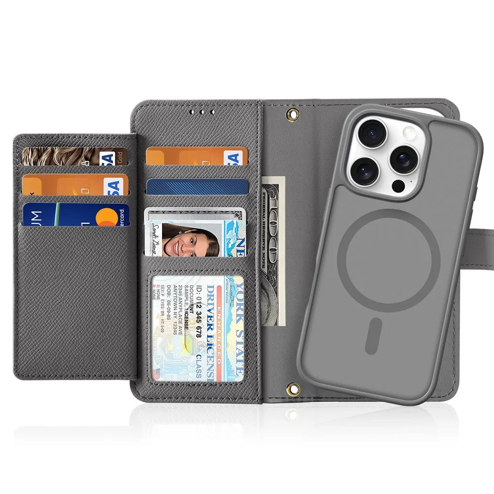 DUX DUCIS Lawa Series for iPhone 16 Pro Magnetic Case Zipper Wallet Detachable Cowhide Leather Cover - Grey - 2