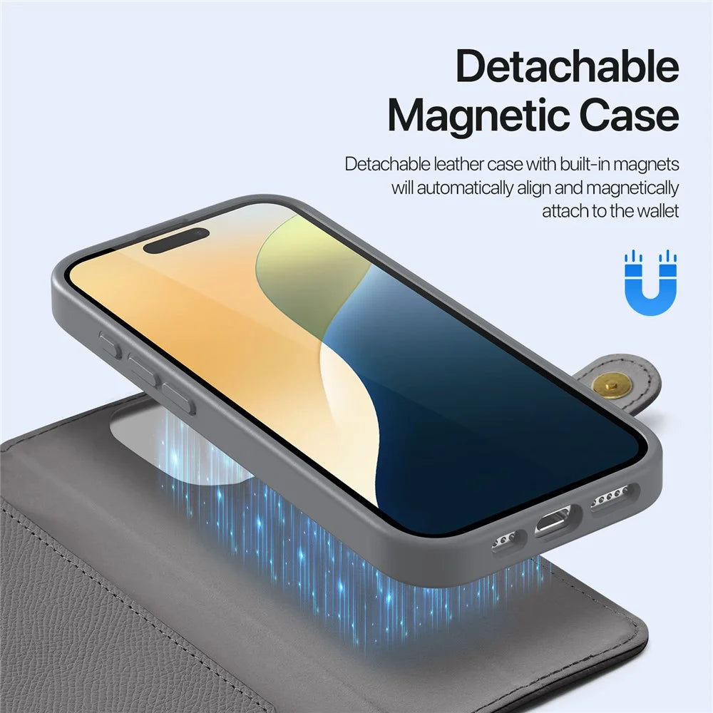 DUX DUCIS Lawa Series for iPhone 16 Pro Magnetic Case Zipper Wallet Detachable Cowhide Leather Cover - Grey - 3