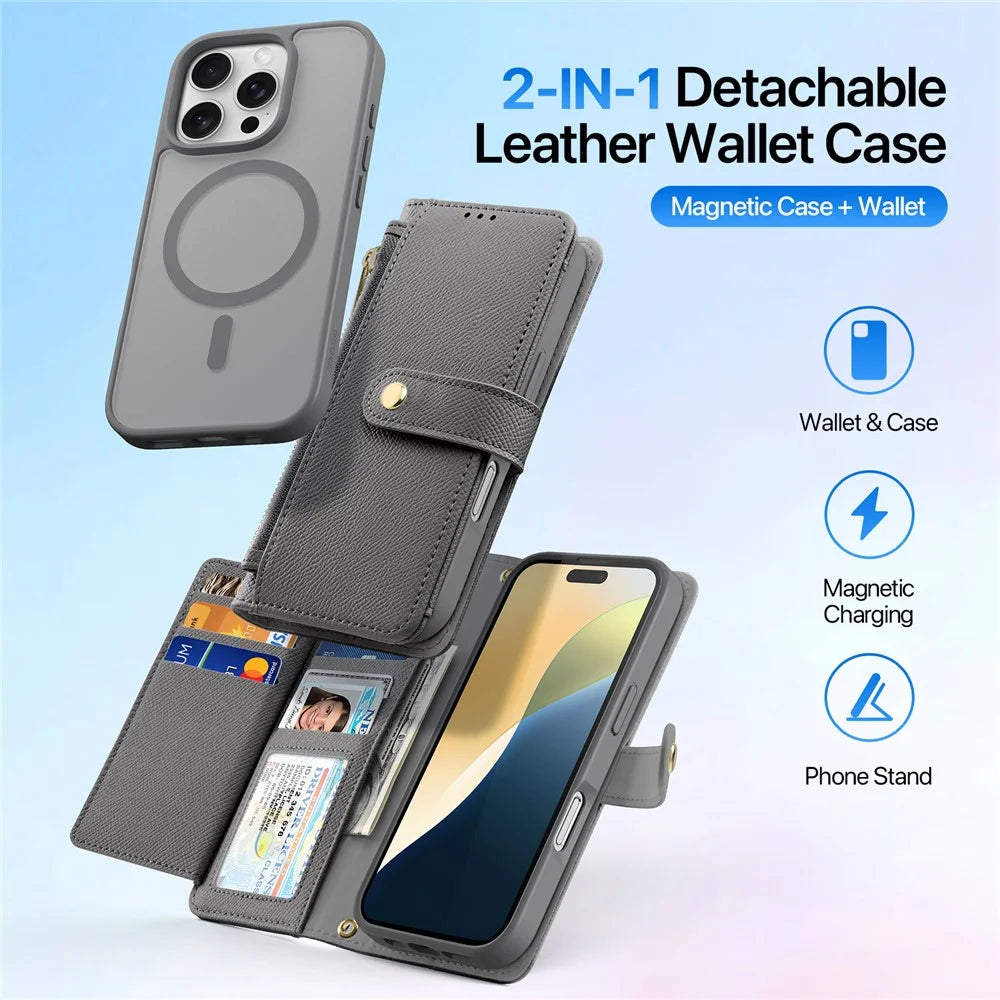 DUX DUCIS Lawa Series for iPhone 16 Pro Magnetic Case Zipper Wallet Detachable Cowhide Leather Cover - Grey - 4