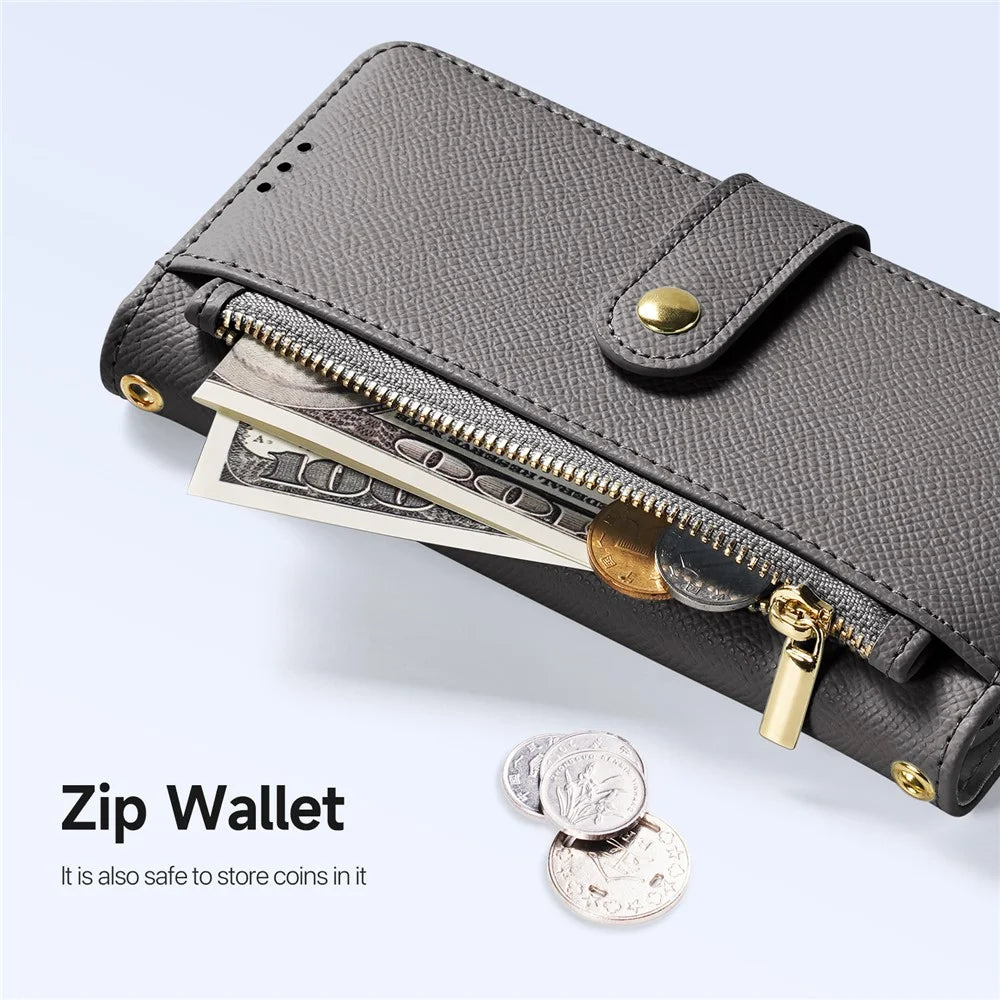 DUX DUCIS Lawa Series for iPhone 16 Pro Magnetic Case Zipper Wallet Detachable Cowhide Leather Cover - Grey - 7