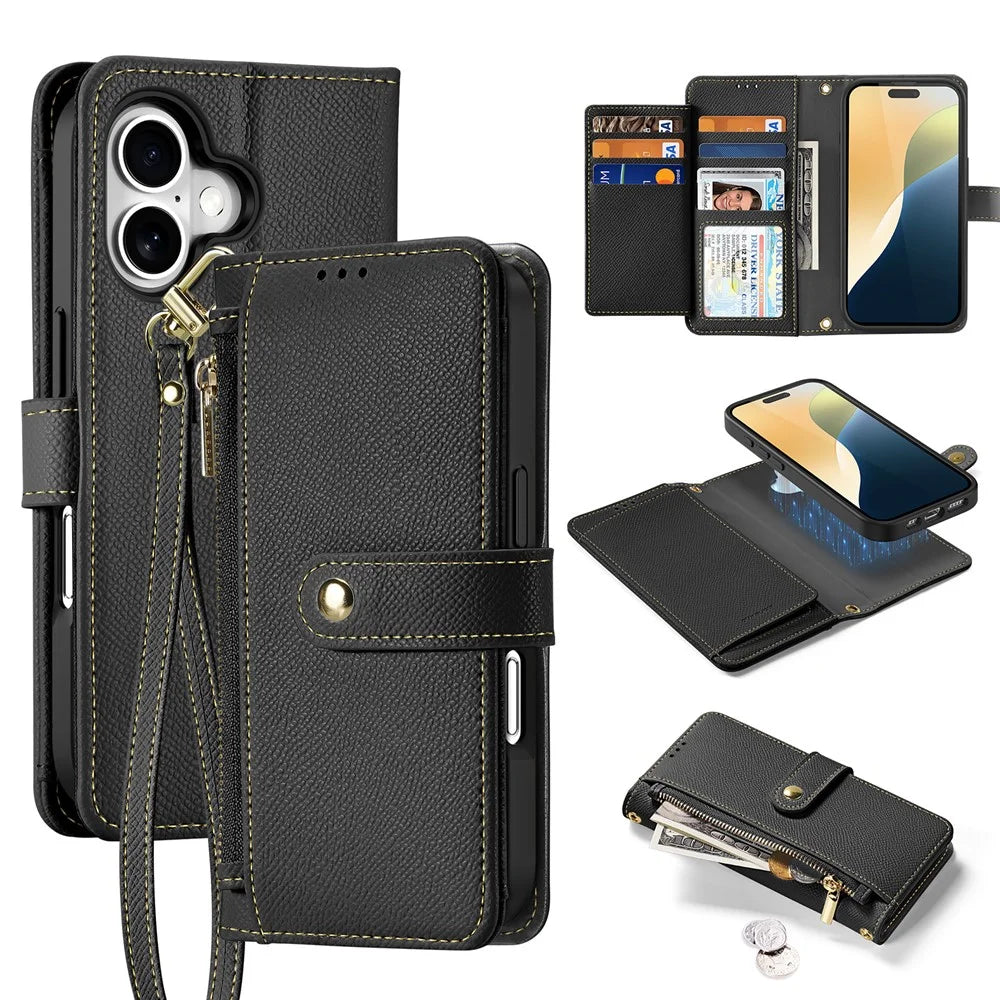 DUX DUCIS Lawa Series for iPhone 16 Plus Case Compatible with MagSafe Detachable Cowhide Leather Wallet Cover - Black - 1