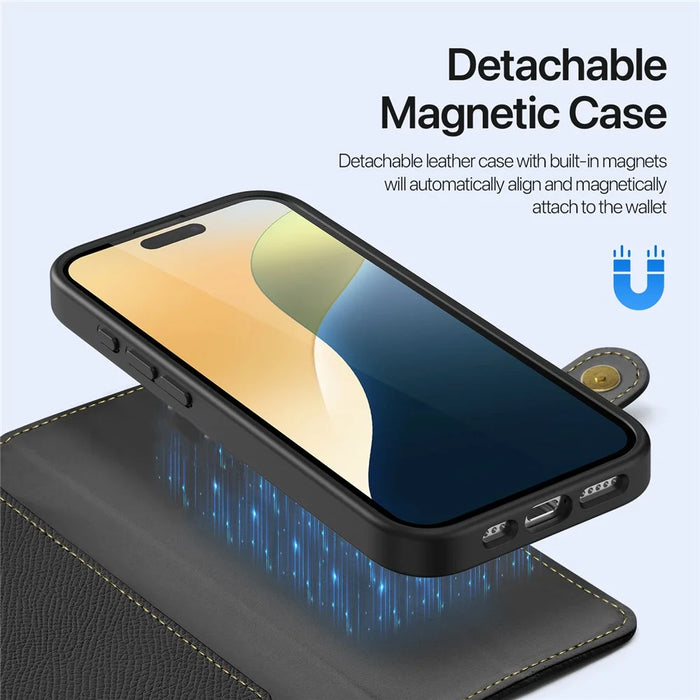 DUX DUCIS Lawa Series for iPhone 16 Plus Case Compatible with MagSafe Detachable Cowhide Leather Wallet Cover - Black - 3