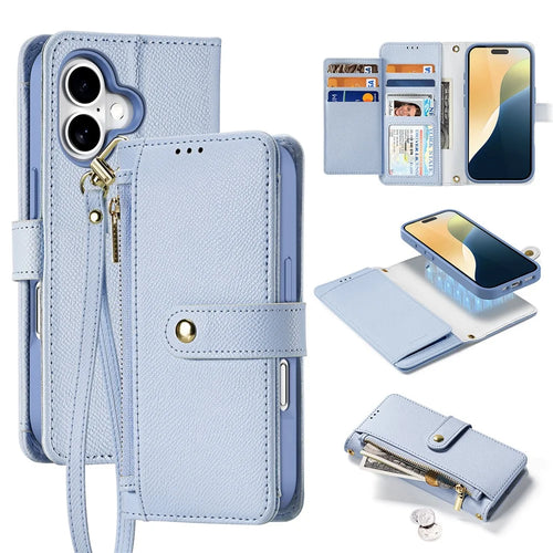 DUX DUCIS Lawa Series for iPhone 16 Magnetic Case Detachable Zipper Wallet Cowhide Leather Cover - Baby Blue - 1