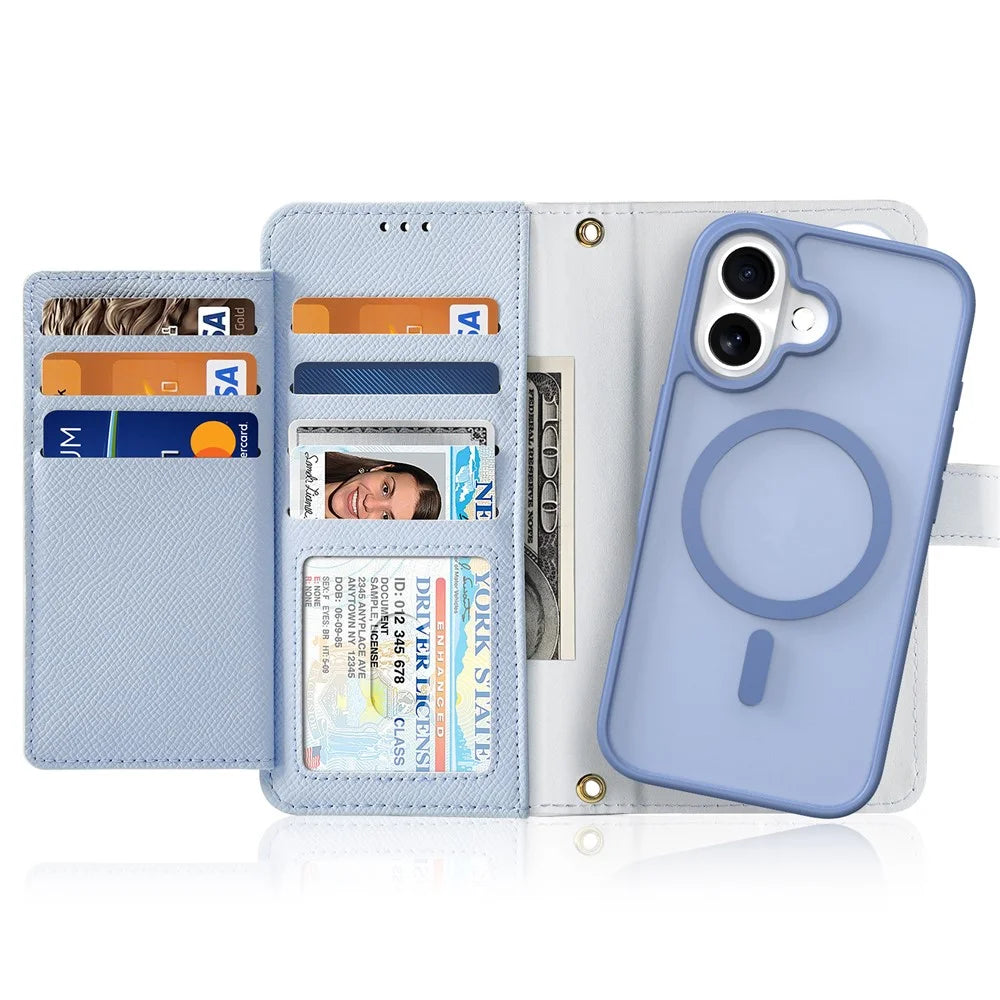 DUX DUCIS Lawa Series for iPhone 16 Magnetic Case Detachable Zipper Wallet Cowhide Leather Cover - Baby Blue - 2