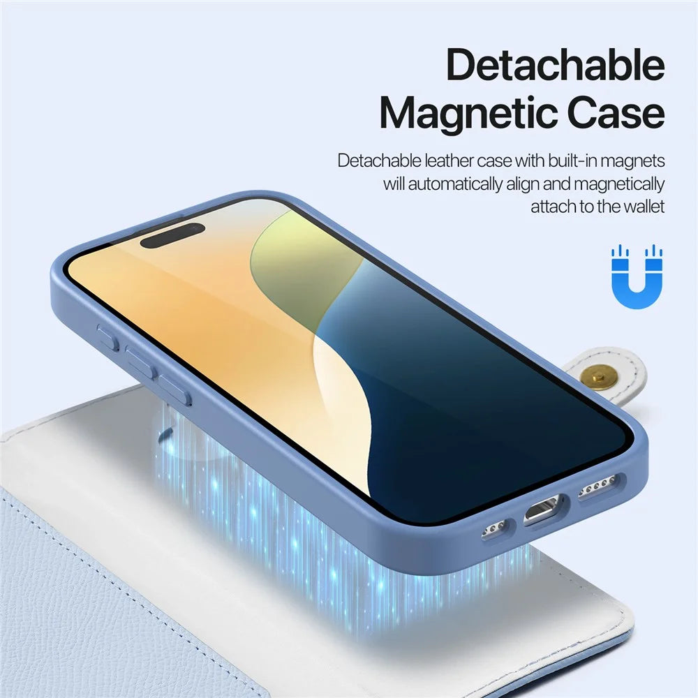 DUX DUCIS Lawa Series for iPhone 16 Magnetic Case Detachable Zipper Wallet Cowhide Leather Cover - Baby Blue - 3