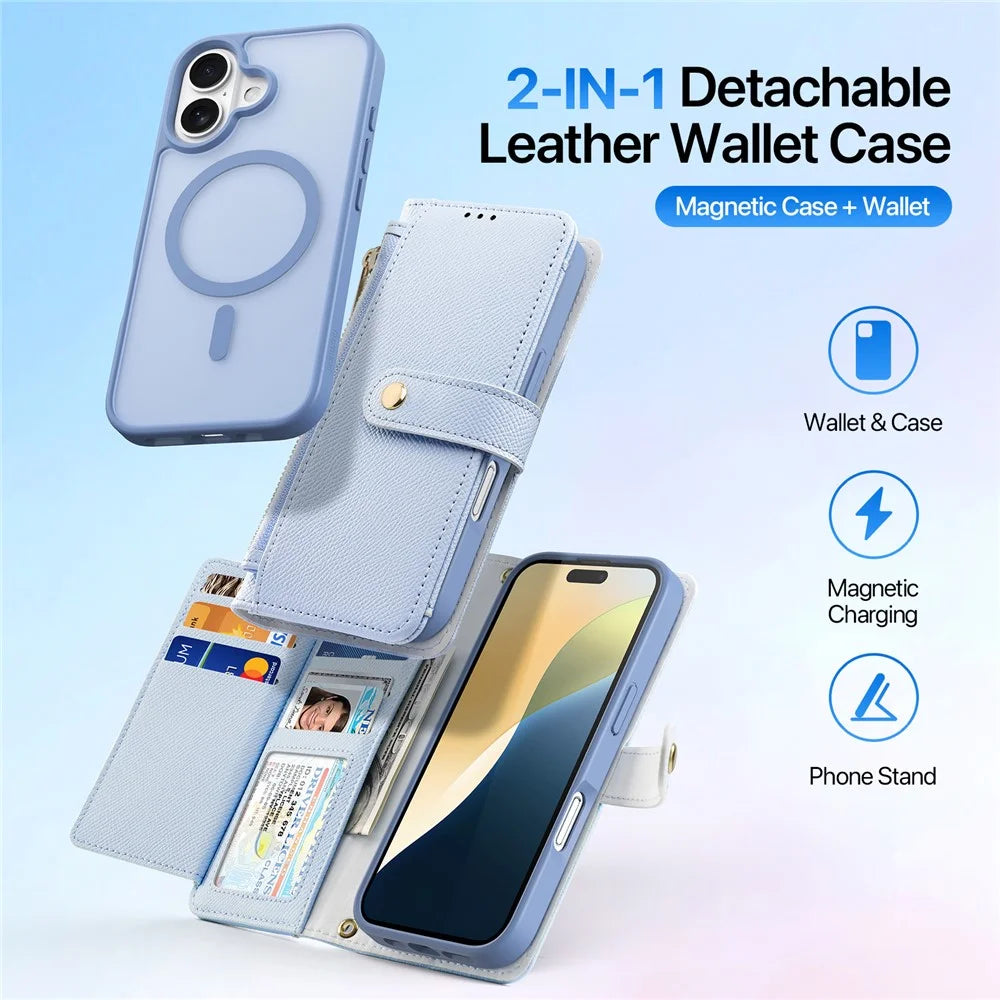 DUX DUCIS Lawa Series for iPhone 16 Magnetic Case Detachable Zipper Wallet Cowhide Leather Cover - Baby Blue - 4