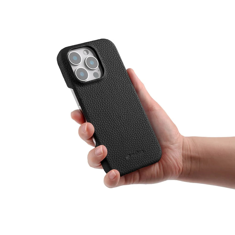 MELKCO For iPhone 16 Pro Max Case Genuine Cow Leather PC Phone Cover Compatible with MagSafe - Black - 4