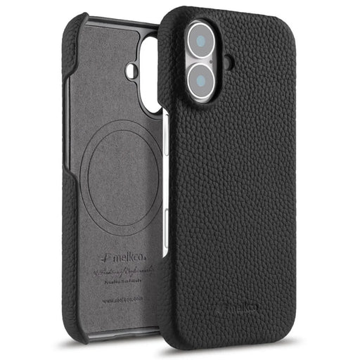 MELKCO For iPhone 16 Case Genuine Cow Leather PC Phone Cover Compatible with MagSafe - Black - 1
