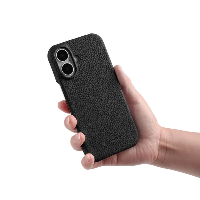 MELKCO For iPhone 16 Case Genuine Cow Leather PC Phone Cover Compatible with MagSafe - Black - 4