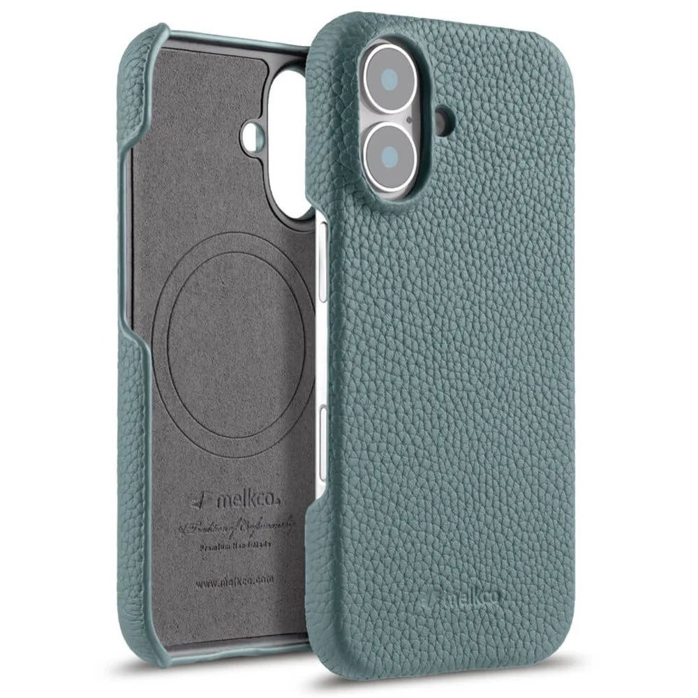 MELKCO For iPhone 16 Plus Case Genuine Cow Leather PC Phone Cover Compatible with MagSafe - Blue - 1
