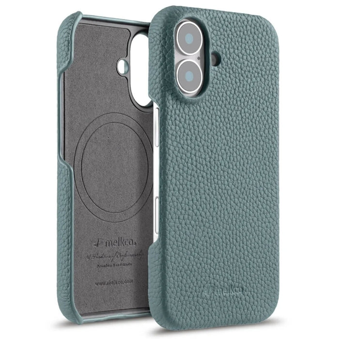 MELKCO For iPhone 16 Plus Case Genuine Cow Leather PC Phone Cover Compatible with MagSafe - Blue - 1