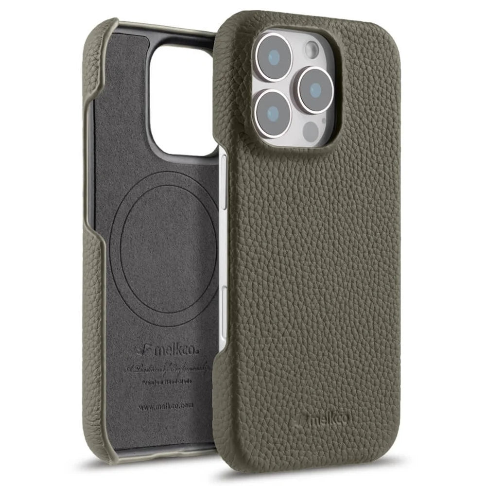 MELKCO For iPhone 16 Pro Case Genuine Cow Leather PC Phone Cover Compatible with MagSafe - Grey - 1