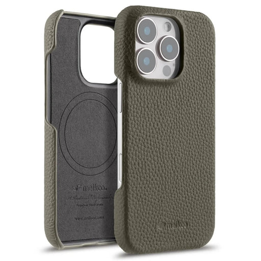 MELKCO For iPhone 16 Pro Case Genuine Cow Leather PC Phone Cover Compatible with MagSafe - Grey - 1