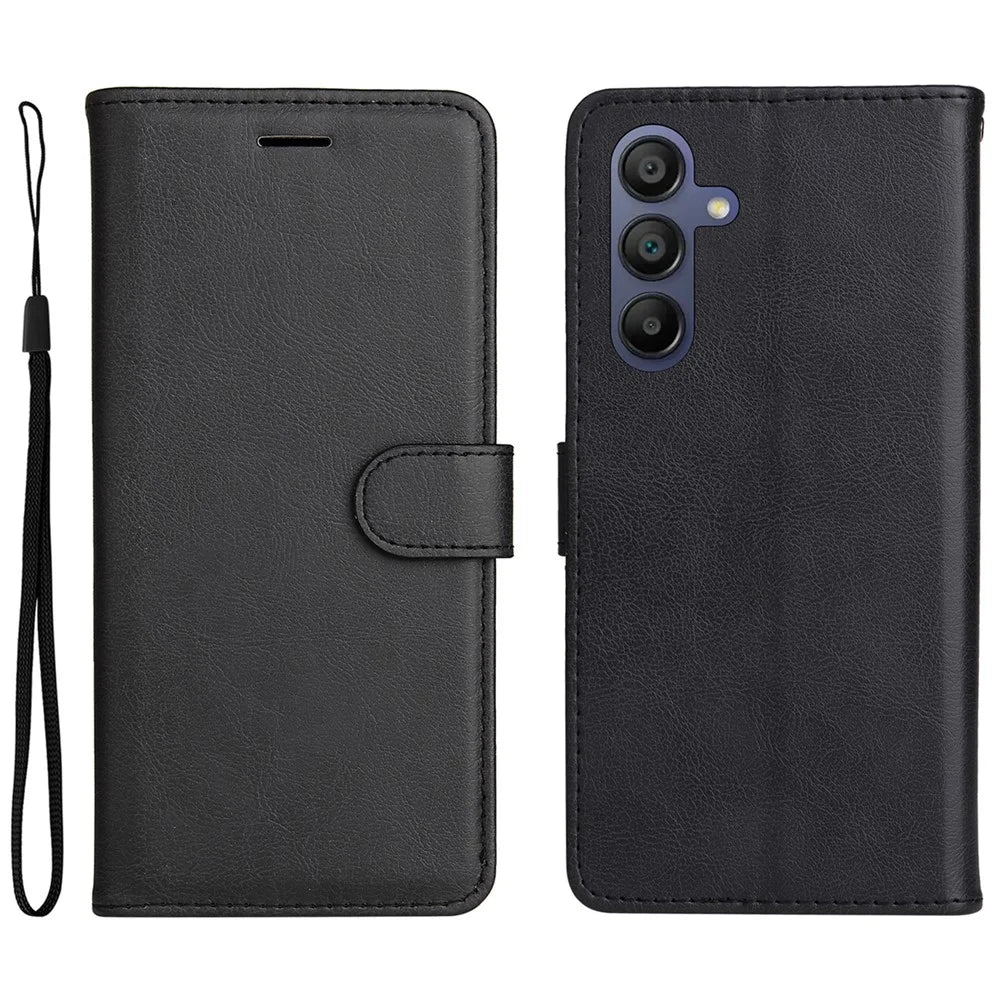 For Samsung Galaxy A18 5G / A17 5G / A17 4G / A26 5G / A16 5G / A16 4G Case Solid Color Leather Mobile Cover Wallet Stand with Strap - Black - 1