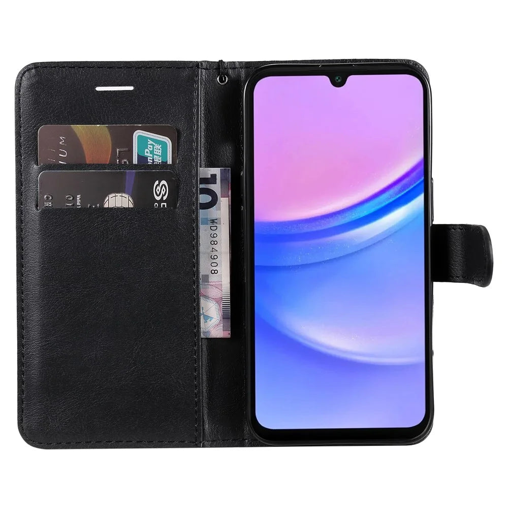For Samsung Galaxy A18 5G / A17 5G / A17 4G / A26 5G / A16 5G / A16 4G Case Solid Color Leather Mobile Cover Wallet Stand with Strap - Black - 2