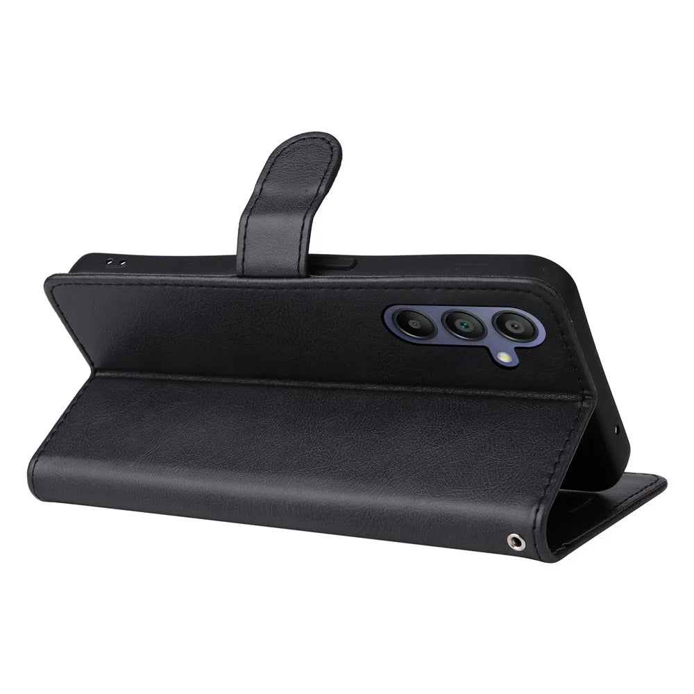 For Samsung Galaxy A18 5G / A17 5G / A17 4G / A26 5G / A16 5G / A16 4G Case Solid Color Leather Mobile Cover Wallet Stand with Strap - Black - 4