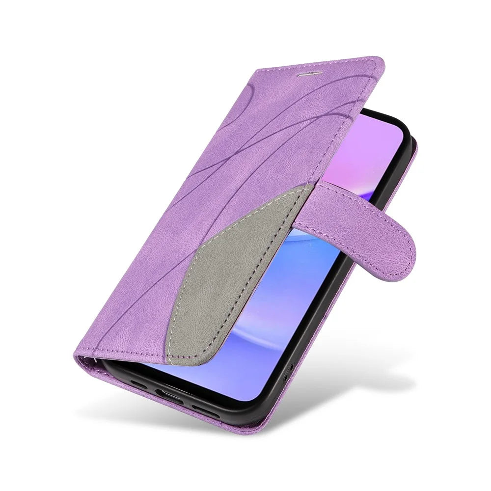 For Samsung Galaxy A18 5G / A17 5G / A17 4G / A26 5G / A16 5G / A16 4G Leather Case Wallet Stand Color Splicing Phone Cover  - Purple - 6