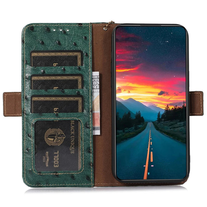 For Samsung Galaxy A16 5G / A16 4G Case Genuine Cow Phone Cover Ostrich Texture RFID Blocking Card Holder - Green - 2