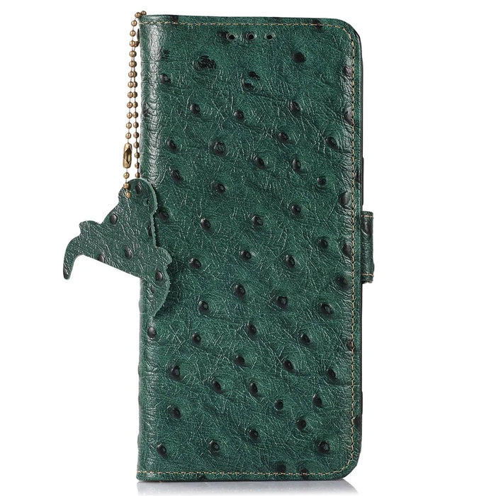 For Samsung Galaxy A16 5G / A16 4G Case Genuine Cow Phone Cover Ostrich Texture RFID Blocking Card Holder - Green - 6
