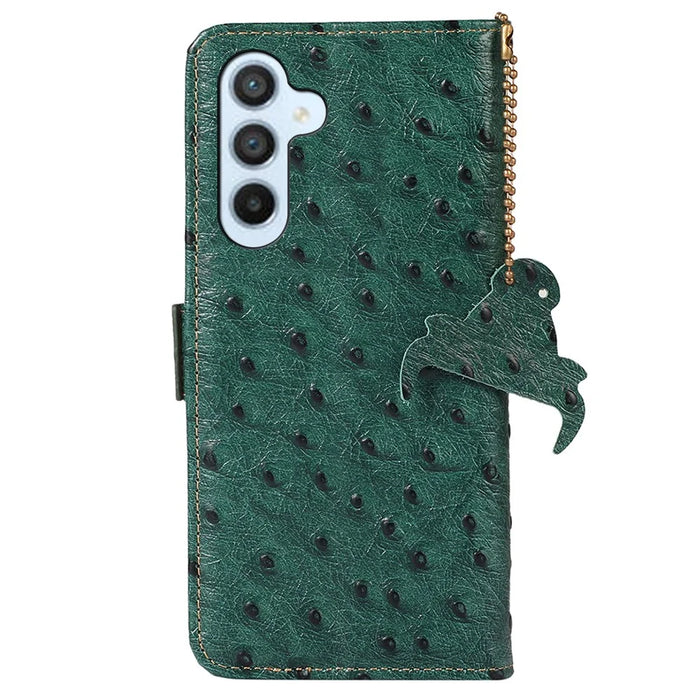 For Samsung Galaxy A16 5G / A16 4G Case Genuine Cow Phone Cover Ostrich Texture RFID Blocking Card Holder - Green - 7