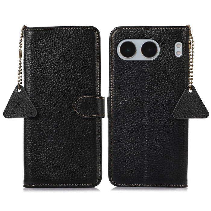 For OnePlus Nord 4 Case RFID Blocking Litchi Texture Genuine Cow Leather Phone Cover - Black - 1