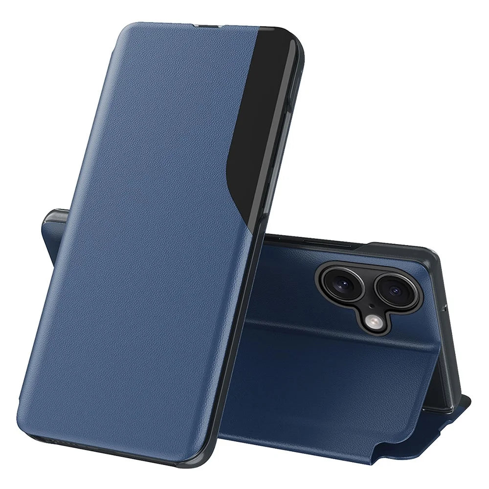 For iPhone 16 Plus Phone Case Folio Flip PU Leather Stand Cover - Sapphire - 1