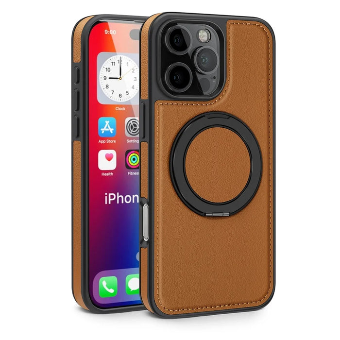 For iPhone 16 Pro Max Case with Ring Kickstand Compatible with MagSafe PU Leather Back Cover - Brown - 2