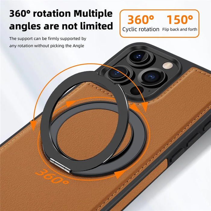 For iPhone 16 Pro Max Case with Ring Kickstand Compatible with MagSafe PU Leather Back Cover - Brown - 3