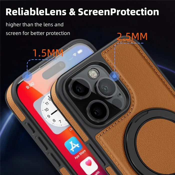 For iPhone 16 Pro Max Case with Ring Kickstand Compatible with MagSafe PU Leather Back Cover - Brown - 6
