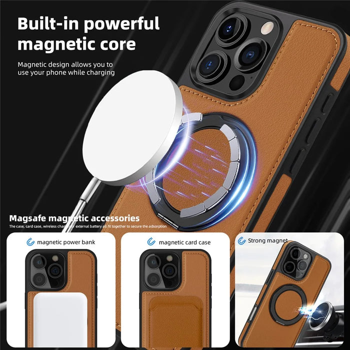 For iPhone 16 Pro Max Case with Ring Kickstand Compatible with MagSafe PU Leather Back Cover - Brown - 7