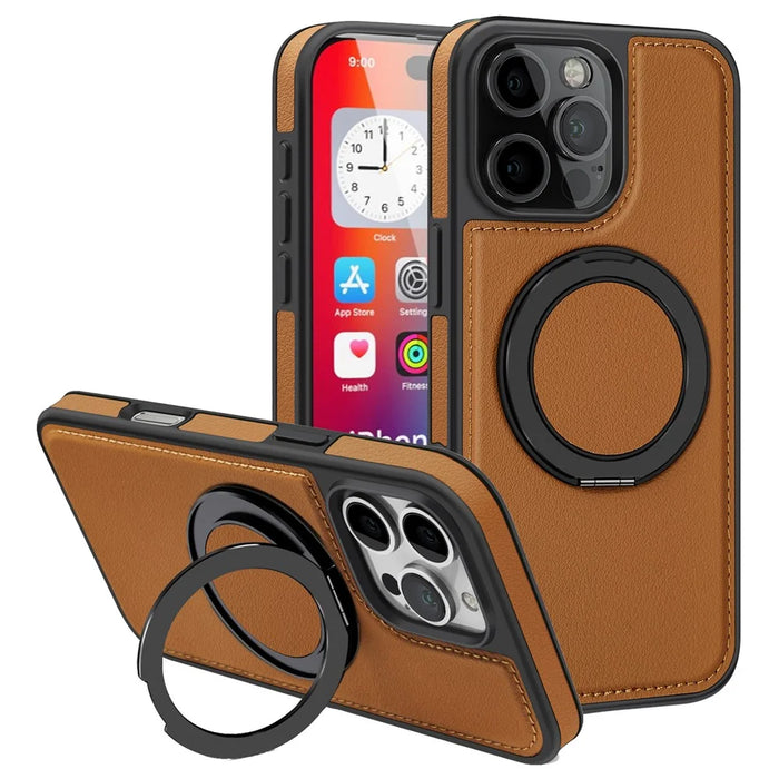 For iPhone 16 Pro Case with Ring Kickstand Compatible with MagSafe PU Leather Back Cover - Brown - 1