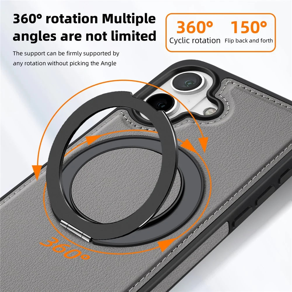 For iPhone 16 Plus Case with Ring Kickstand Compatible with MagSafe PU Leather Back Cover - Grey - 3