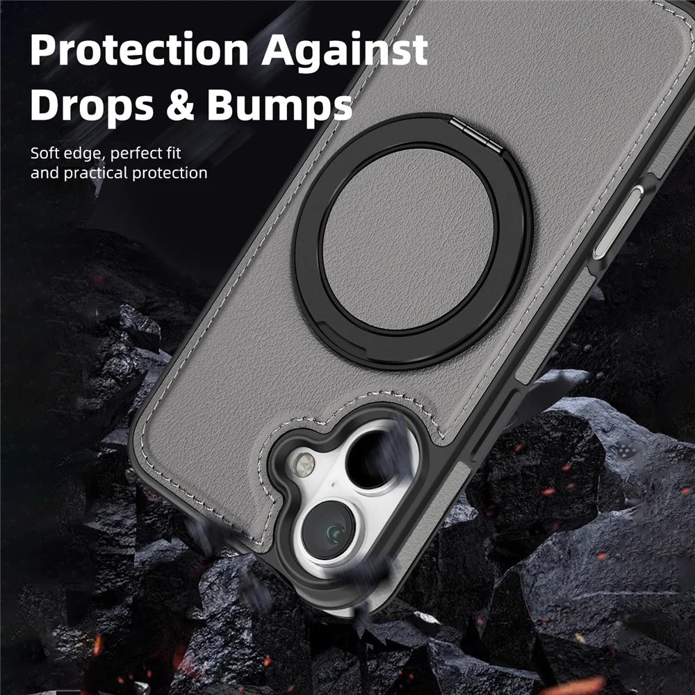 For iPhone 16 Plus Case with Ring Kickstand Compatible with MagSafe PU Leather Back Cover - Grey - 4
