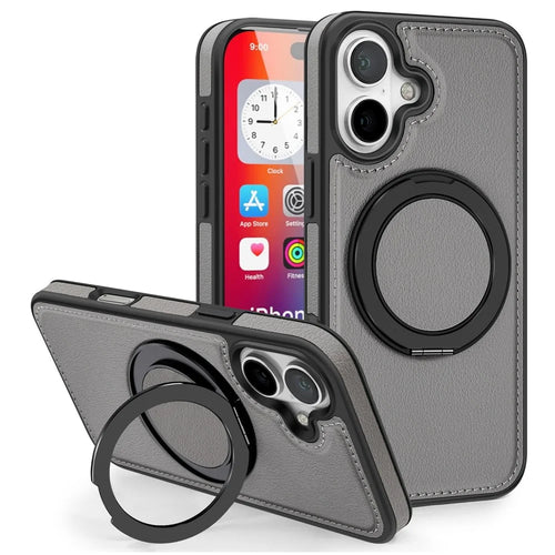 For iPhone 16 Case with Ring Kickstand Compatible with MagSafe PU Leather Back Cover - Grey - 1