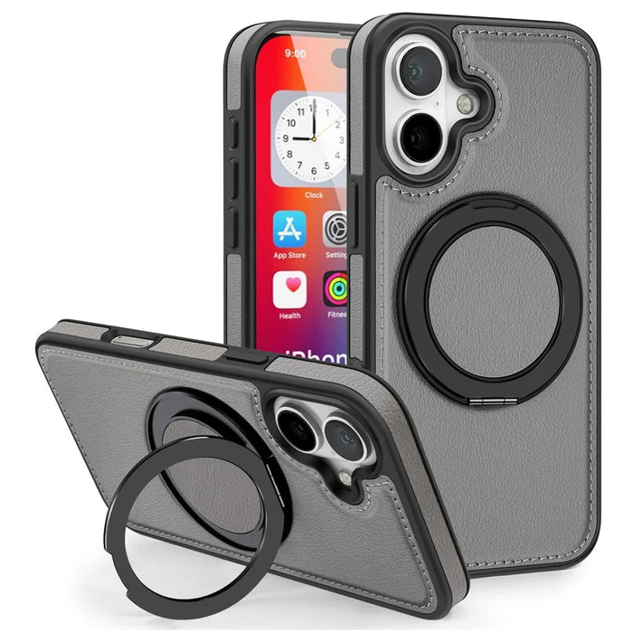 For iPhone 16 Case with Ring Kickstand Compatible with MagSafe PU Leather Back Cover - Grey - 1