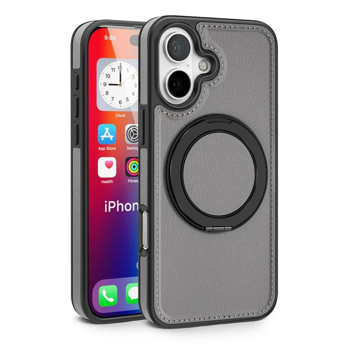 For iPhone 16 Case with Ring Kickstand Compatible with MagSafe PU Leather Back Cover - Grey - 2
