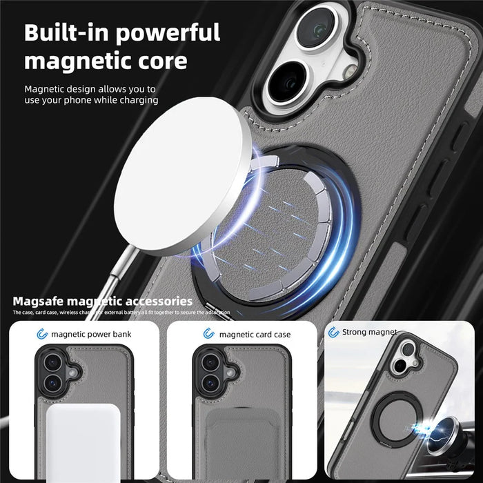 For iPhone 16 Case with Ring Kickstand Compatible with MagSafe PU Leather Back Cover - Grey - 7