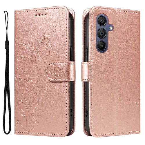 For Samsung Galaxy A18 5G / A17 5G / A17 4G / A26 5G / A16 5G / A16 4G PU Leather Cases Flower Pattern Wallet Stand Phone Cover with Strap - Rose Gold - 1