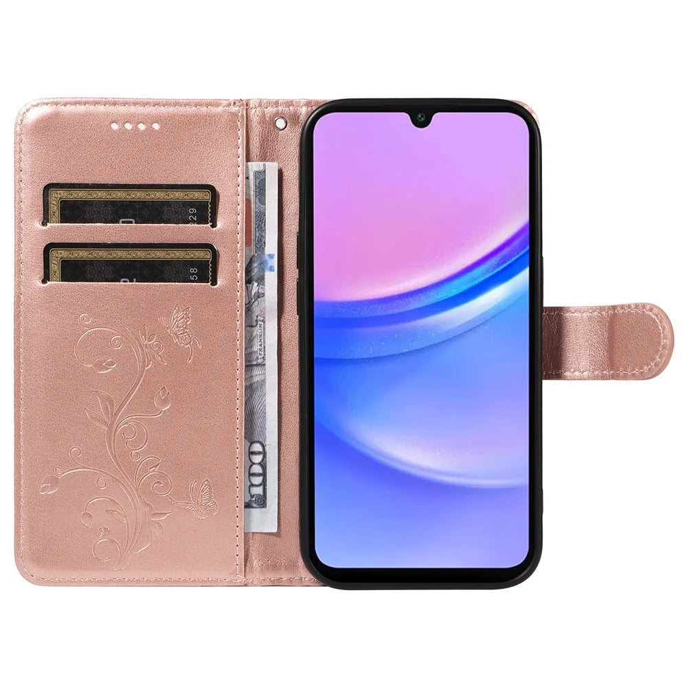 For Samsung Galaxy A18 5G / A17 5G / A17 4G / A26 5G / A16 5G / A16 4G PU Leather Cases Flower Pattern Wallet Stand Phone Cover with Strap - Rose Gold - 2