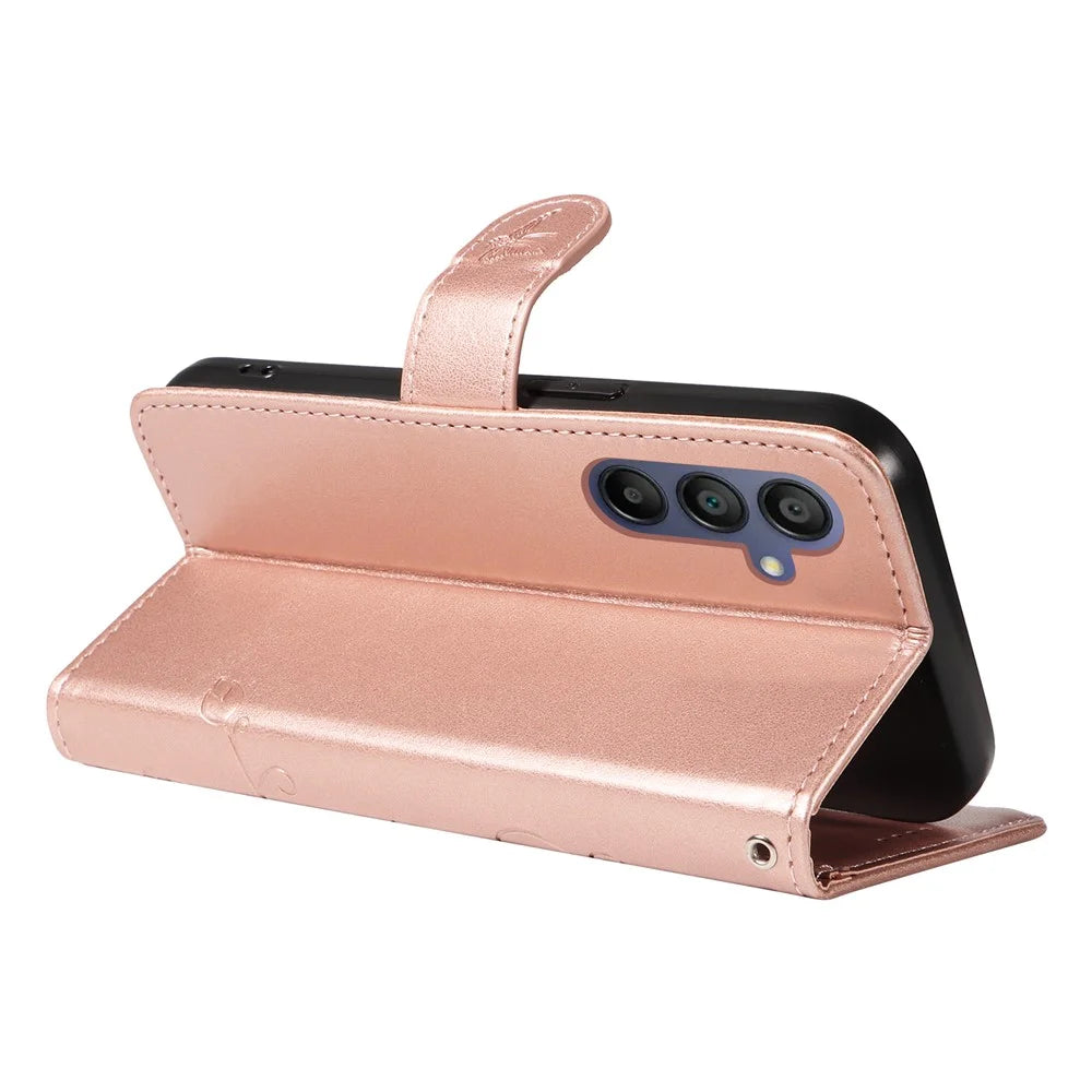 For Samsung Galaxy A18 5G / A17 5G / A17 4G / A26 5G / A16 5G / A16 4G PU Leather Cases Flower Pattern Wallet Stand Phone Cover with Strap - Rose Gold - 4