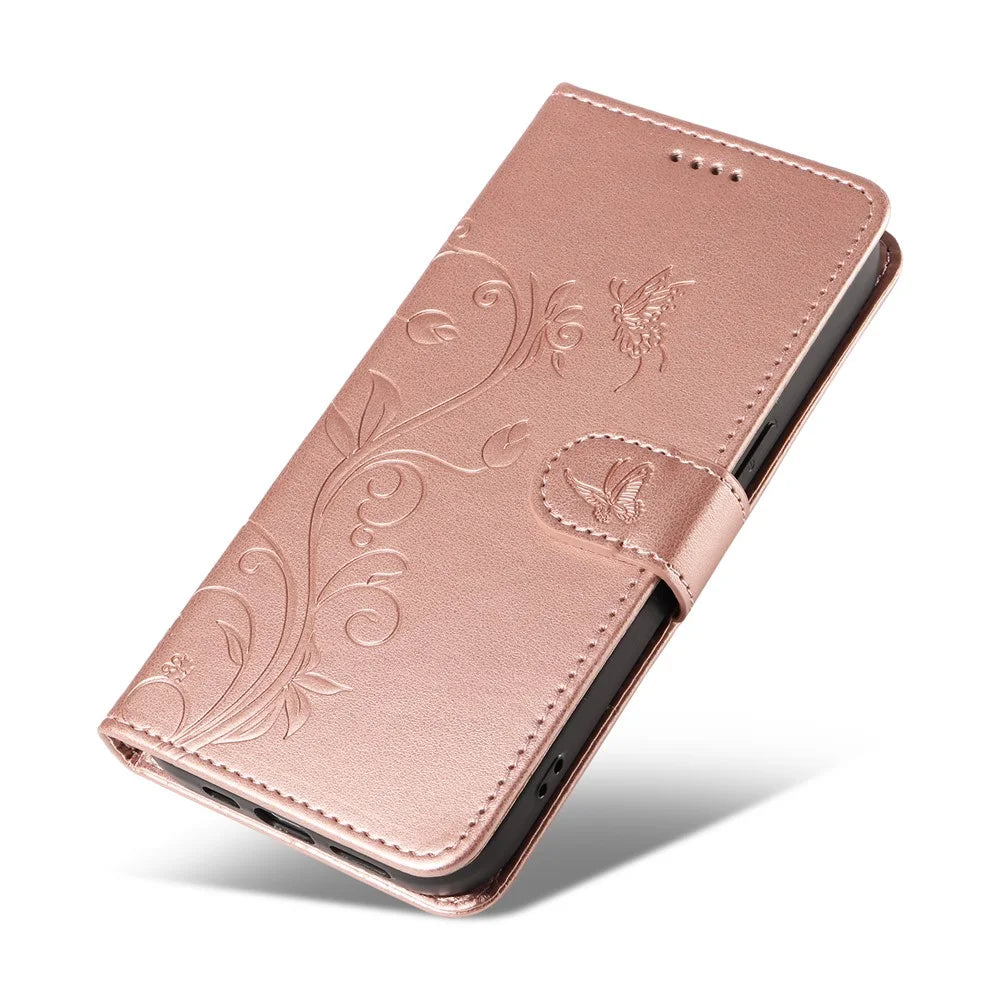 For Samsung Galaxy A18 5G / A17 5G / A17 4G / A26 5G / A16 5G / A16 4G PU Leather Cases Flower Pattern Wallet Stand Phone Cover with Strap - Rose Gold - 6